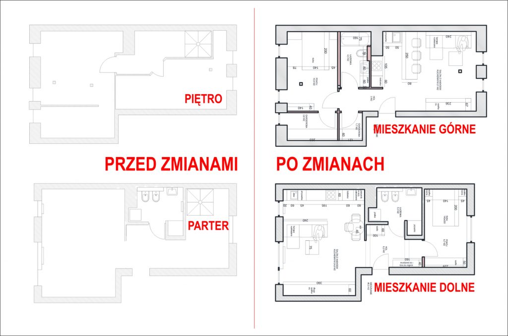 dwupoziomowe mieszkanie podzielone na dwa