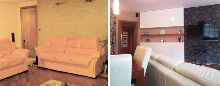 sypialnie przed i po renowacji, szafki z bialymi frontami w polysku, czarna szafa, skorzana kanapa